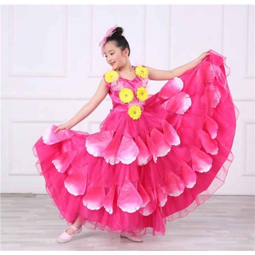 Flowers pink red blue yellow petals bloom flamenco dance dresses for girls kids opening dance paso double spanish bull dance swing skirts for children